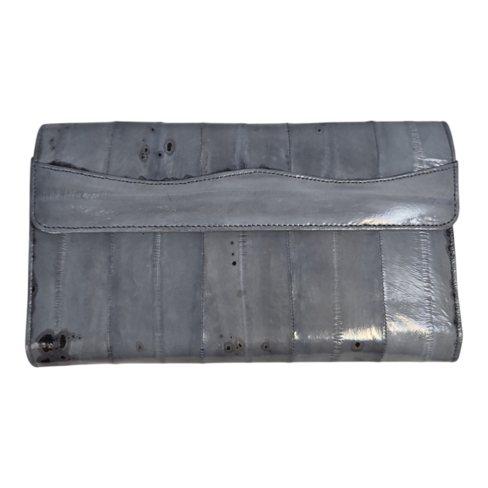 Vintage Gray Eel Skin Leather Clutch Or Shoulder Bag Purse W/ Matching Wallet - Picture 9 of 11